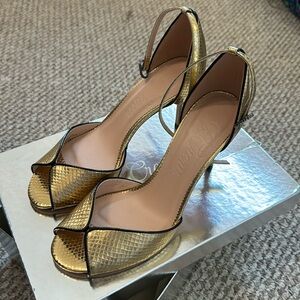 J.Crew Gold Rylie Peep-toe Heels BRAND NEW with box 7and1/2 Italian Leather
